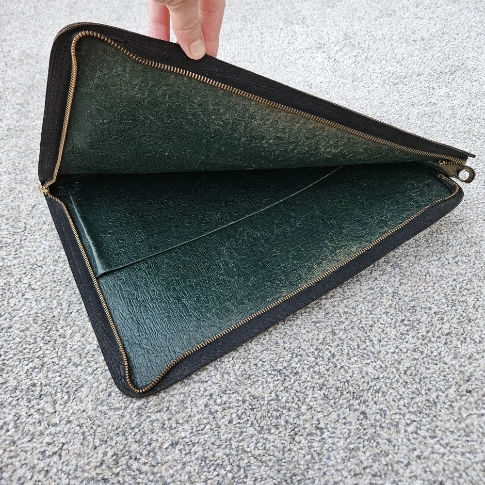Vintage Black Leather Portfolio Folder Zip Around Document Holder Talon Zipper